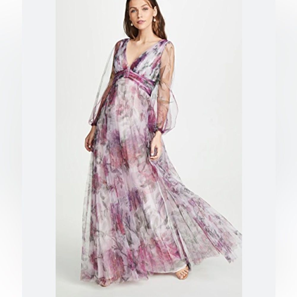 BHLDN Marchesa Notte chiffon silk print pleated maxi dress